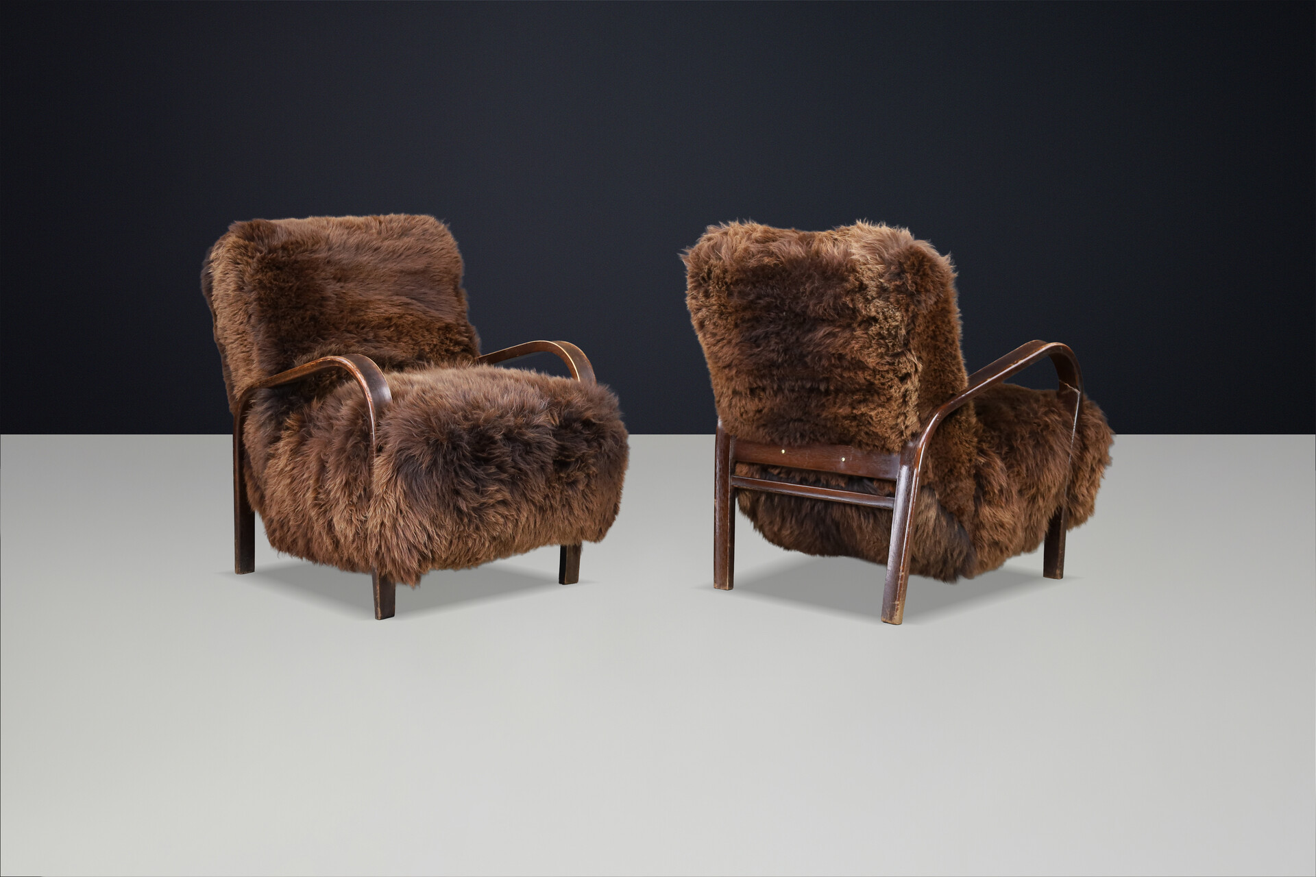 1940s Kozelka & Kropacek Armchairs in Sheepskin & Patinated Frame Mid-20th century