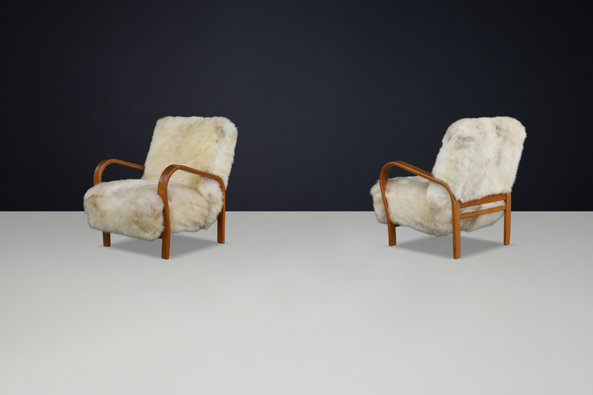 1940s Kozelka & Kropacek Armchairs in Texel Sheepskin & Patinated Frame Mid-20th century