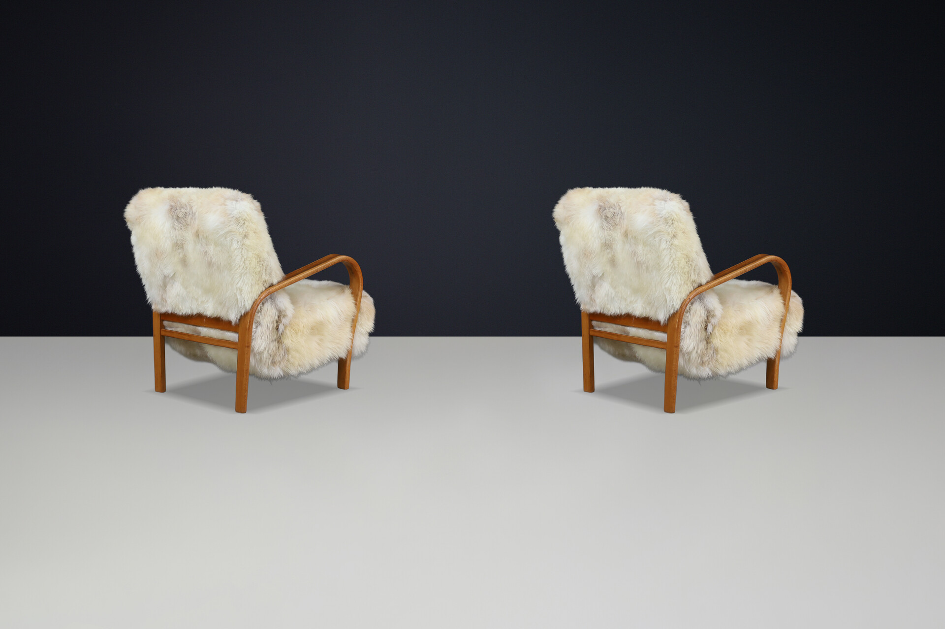 1940s Kozelka & Kropacek Armchairs in Texel Sheepskin & Patinated Frame Mid-20th century