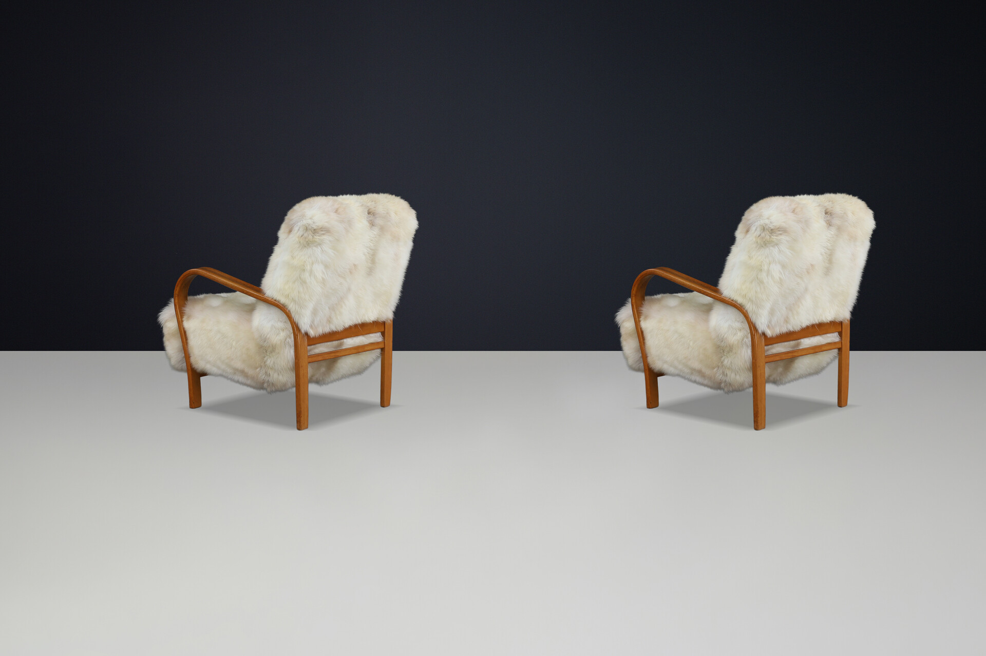 1940s Kozelka & Kropacek Armchairs in Texel Sheepskin & Patinated Frame Mid-20th century