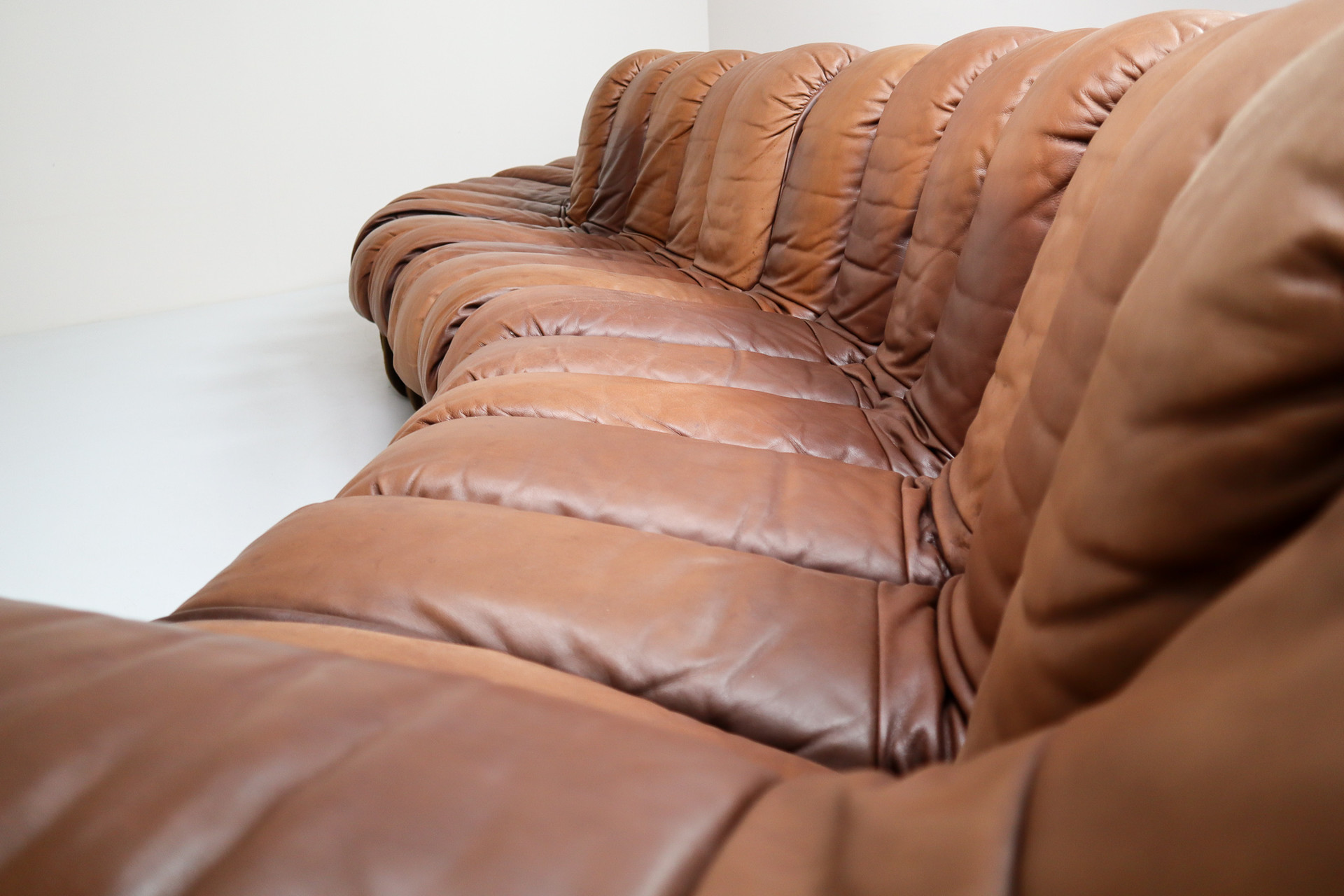 21 element De Sede DS 600 Snake Sofa in Patinated Cognac - Brown Leather by Ueli Berger Switzerland 1972 Mid-20th century