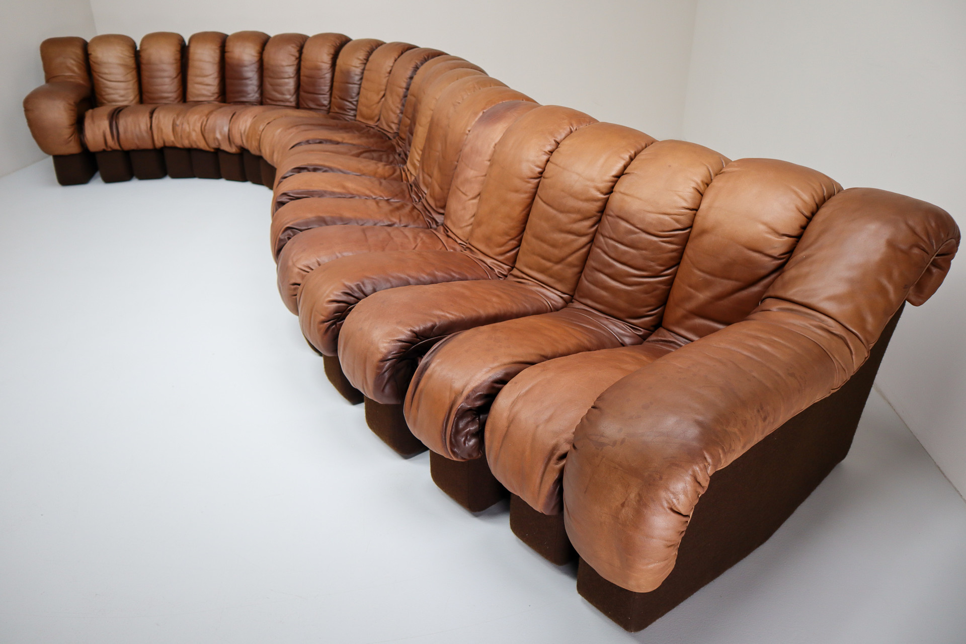21 element De Sede DS 600 Snake Sofa in Patinated Cognac - Brown Leather by Ueli Berger Switzerland 1972 Mid-20th century