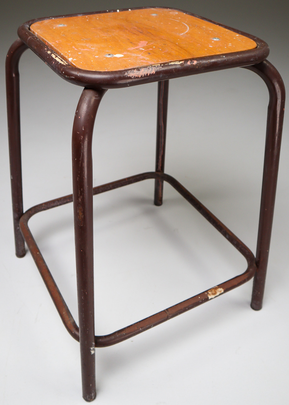 4 Brown French Industrial Stools Mid-20th century