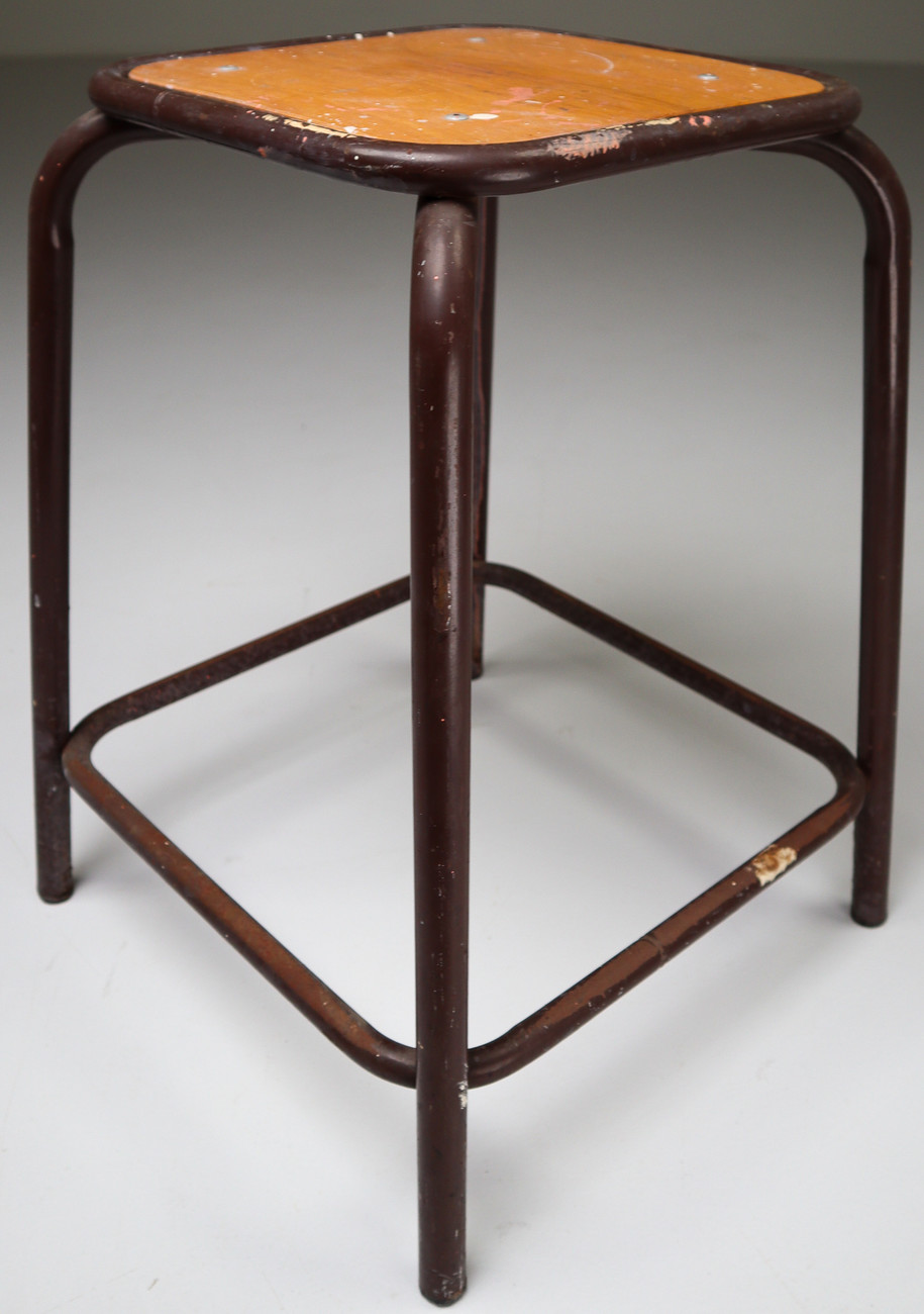 4 Brown French Industrial Stools Mid-20th century