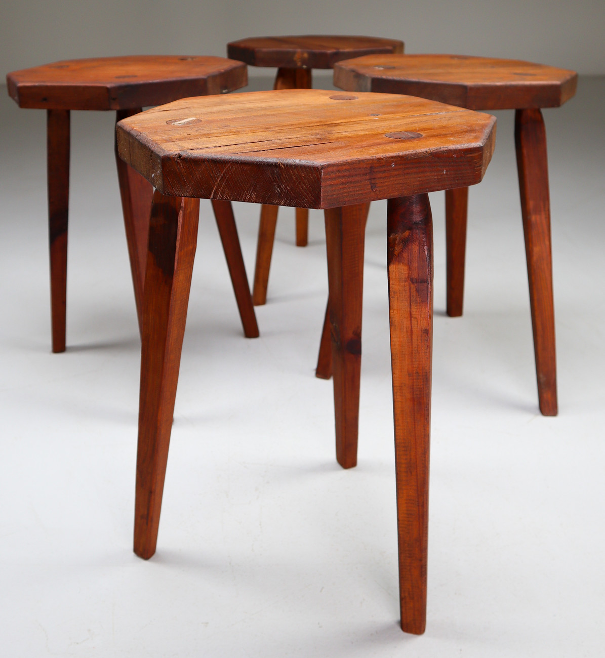 4 x Brutalist Pinewood stools France 1970s Mid-20th century