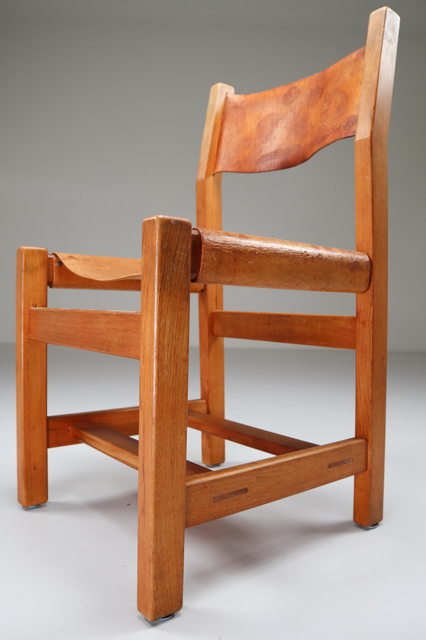 6x French Cognac Leather Chairs in Elm, 1960s Mid-20th century