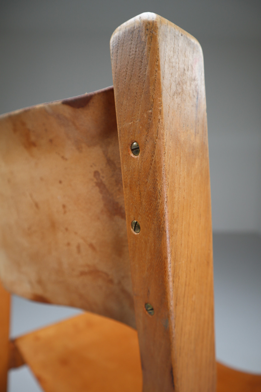 6x French Cognac Leather Chairs in Elm, 1960s Mid-20th century