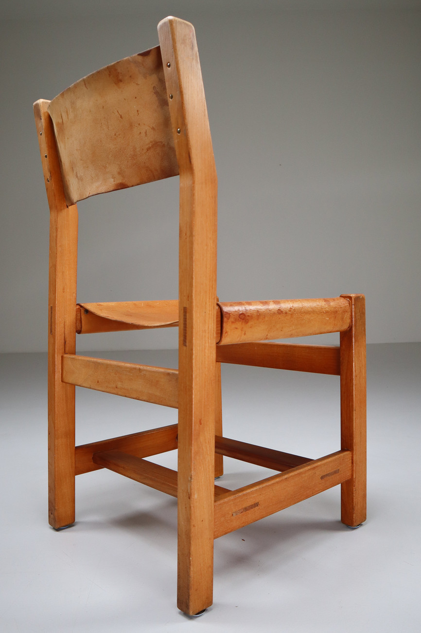 6x French Cognac Leather Chairs in Elm, 1960s Mid-20th century