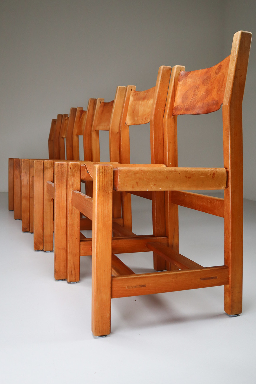 6x French Cognac Leather Chairs in Elm, 1960s Mid-20th century