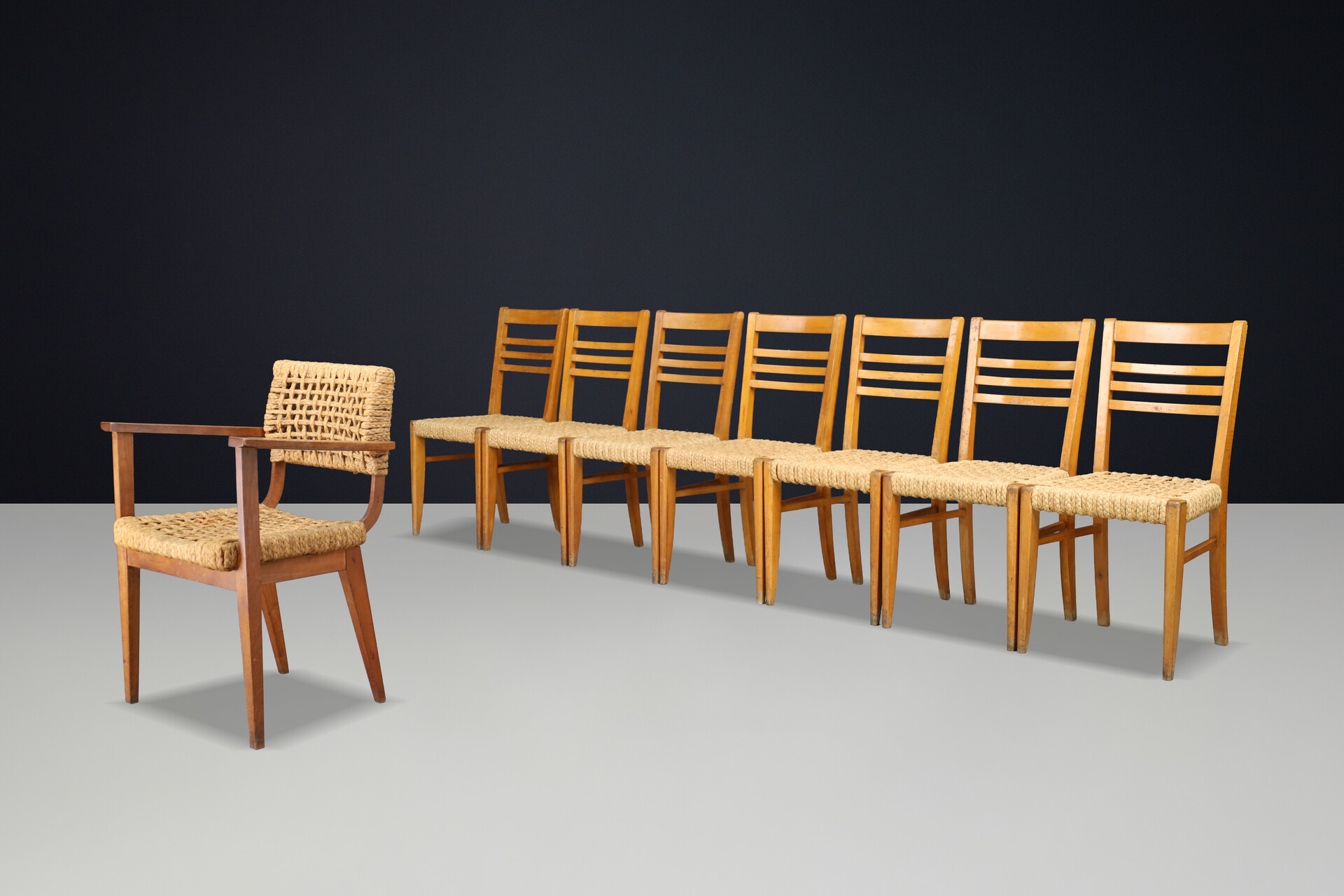 Adrien Audoux & Frida Minet for Vibo Set of Eight French Hemp Rope Dining Chairs Mid-20th century