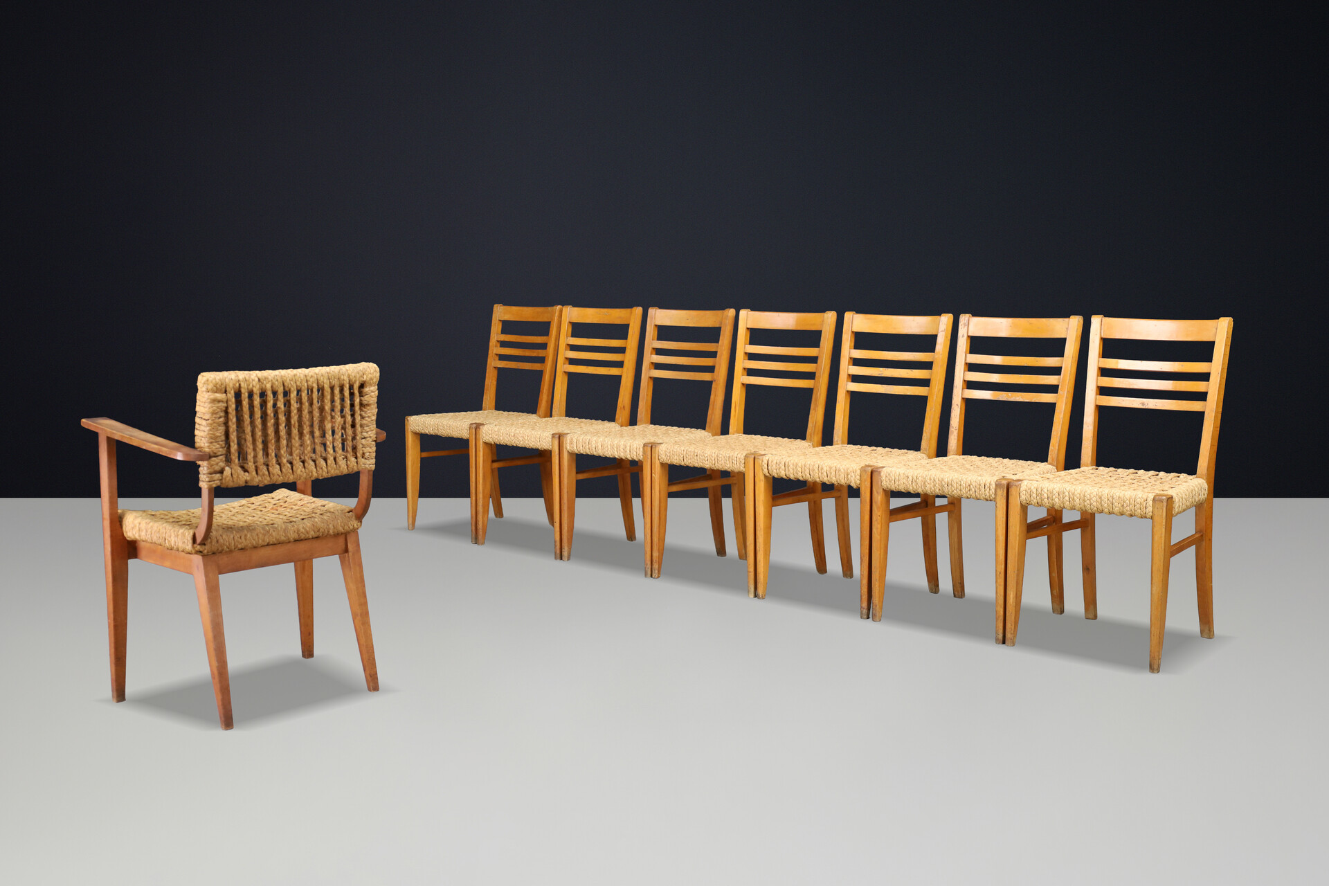 Adrien Audoux & Frida Minet for Vibo Set of Eight French Hemp Rope Dining Chairs Mid-20th century