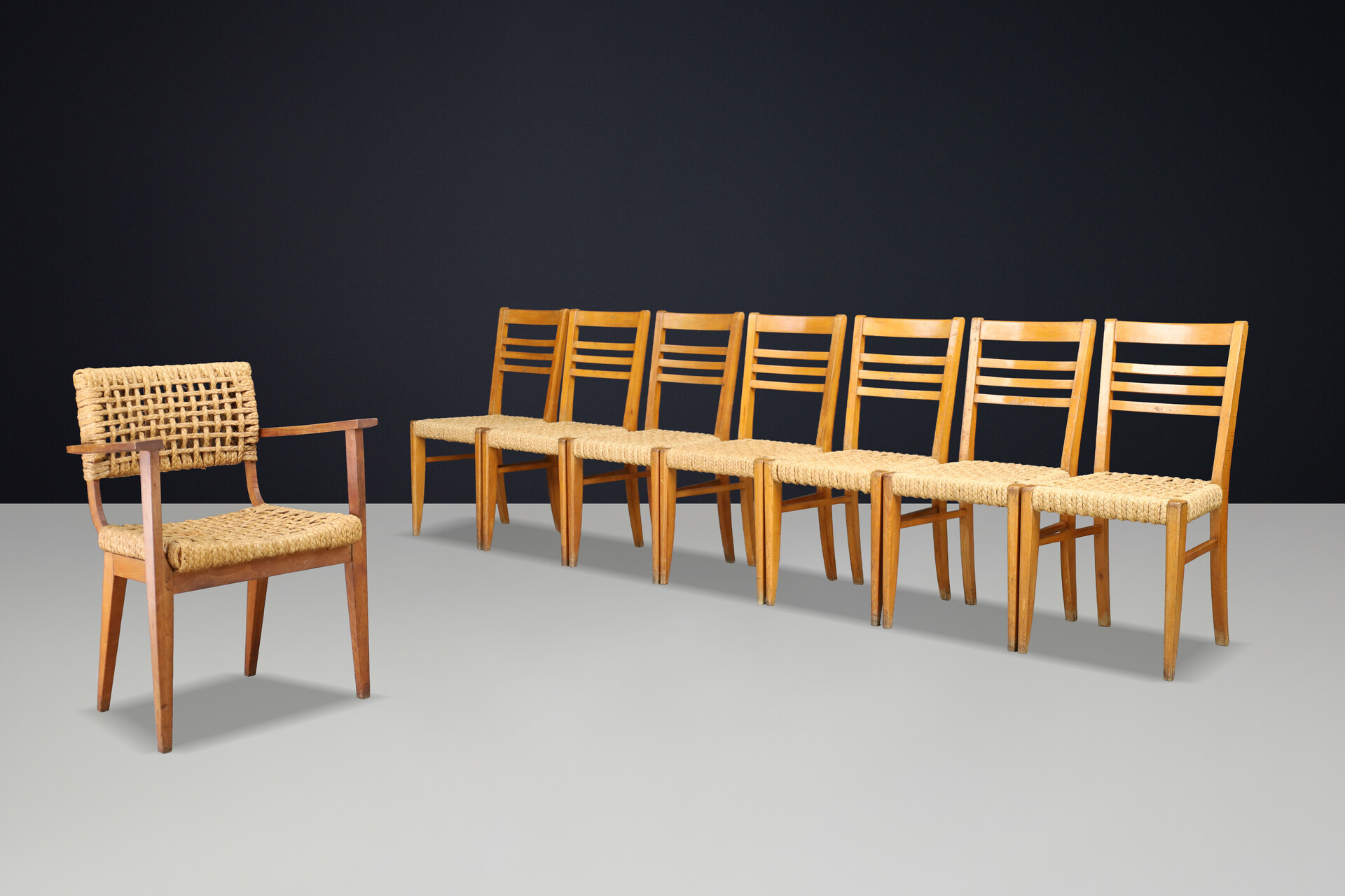 Adrien Audoux & Frida Minet for Vibo Set of Eight French Hemp Rope Dining Chairs Mid-20th century