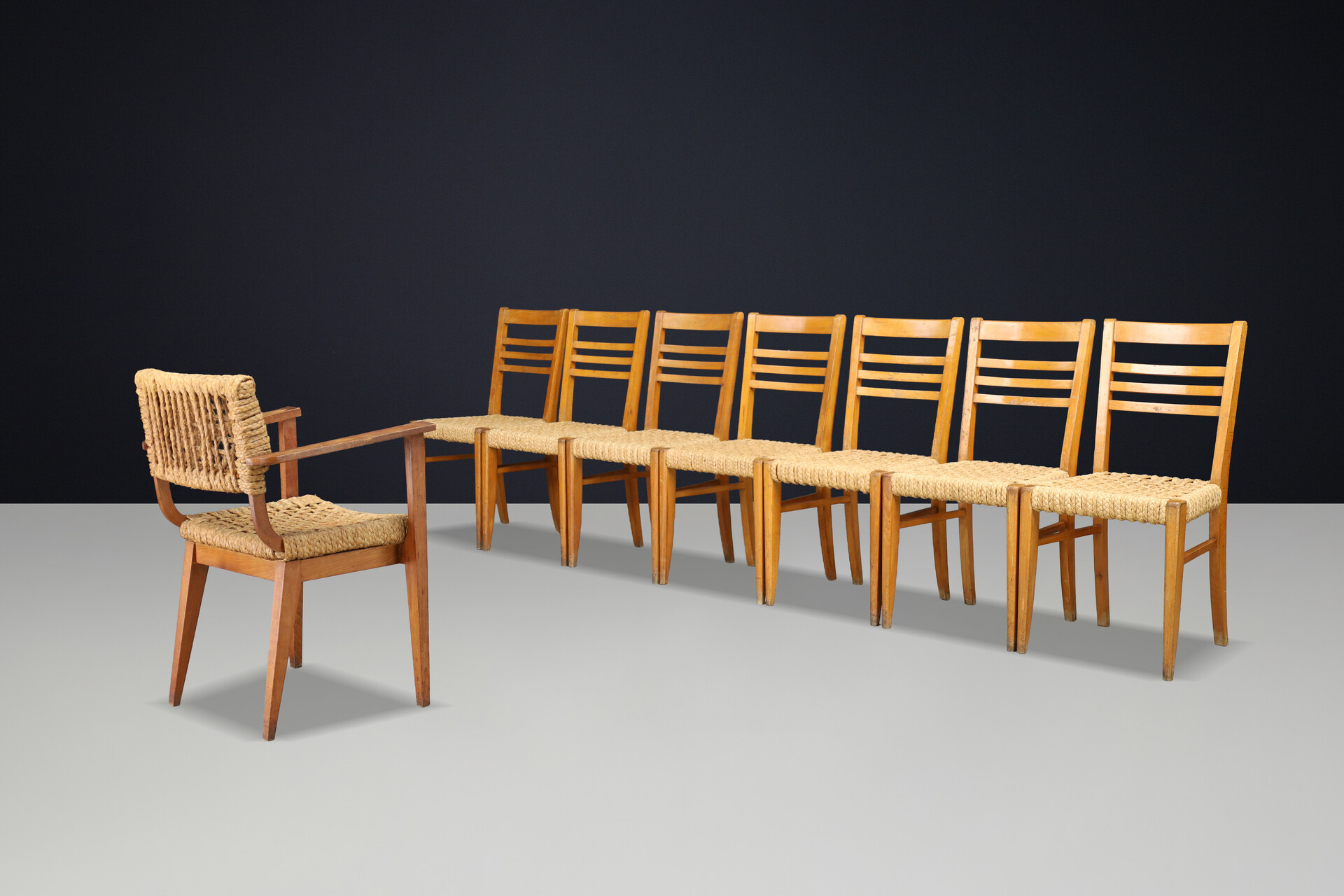 Adrien Audoux & Frida Minet for Vibo Set of Eight French Hemp Rope Dining Chairs Mid-20th century