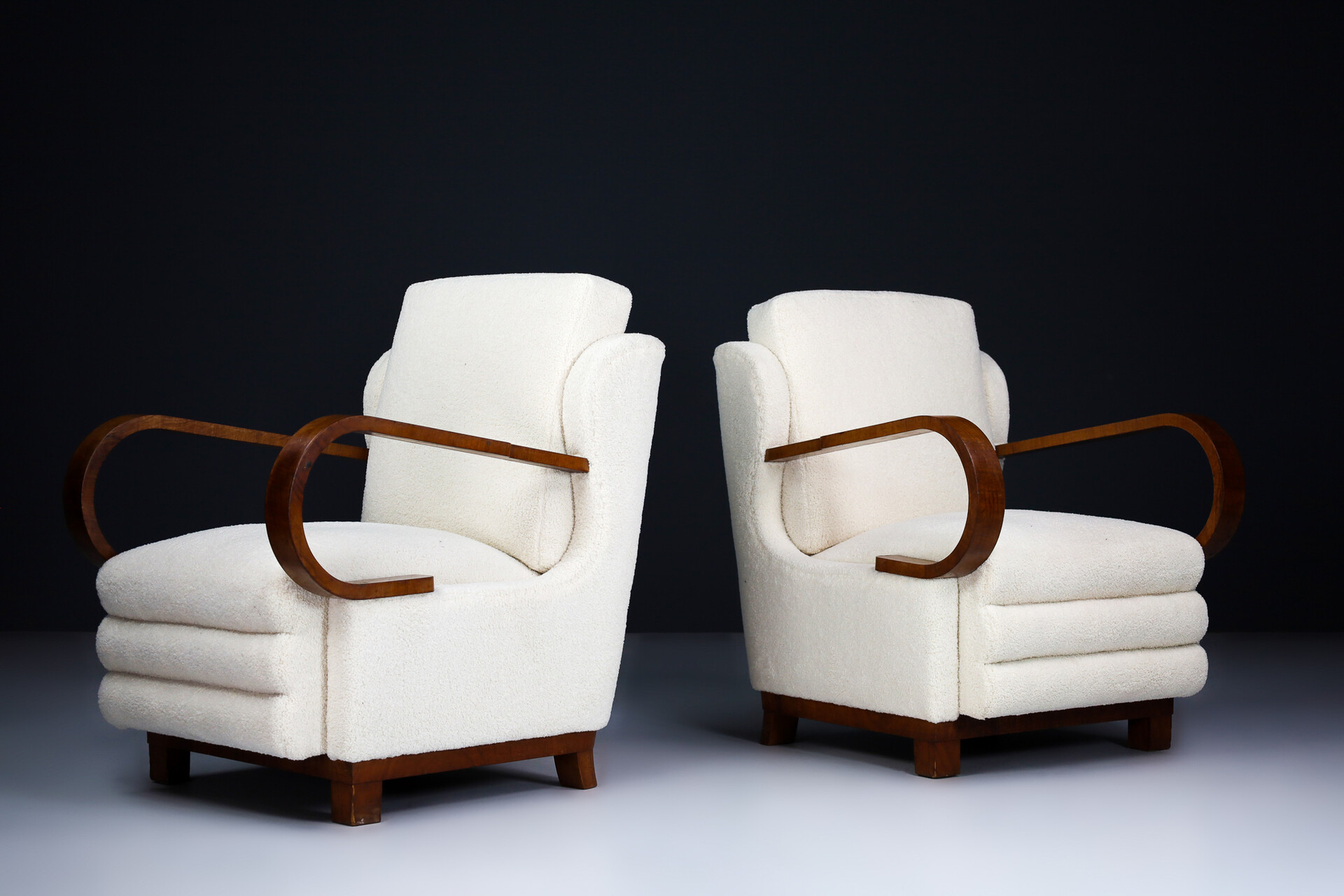 Antique Art-Deco Arm Chairs / Lounge Chairs With New Upholstered Teddy Fabric, Praque 1920s Early-20th century