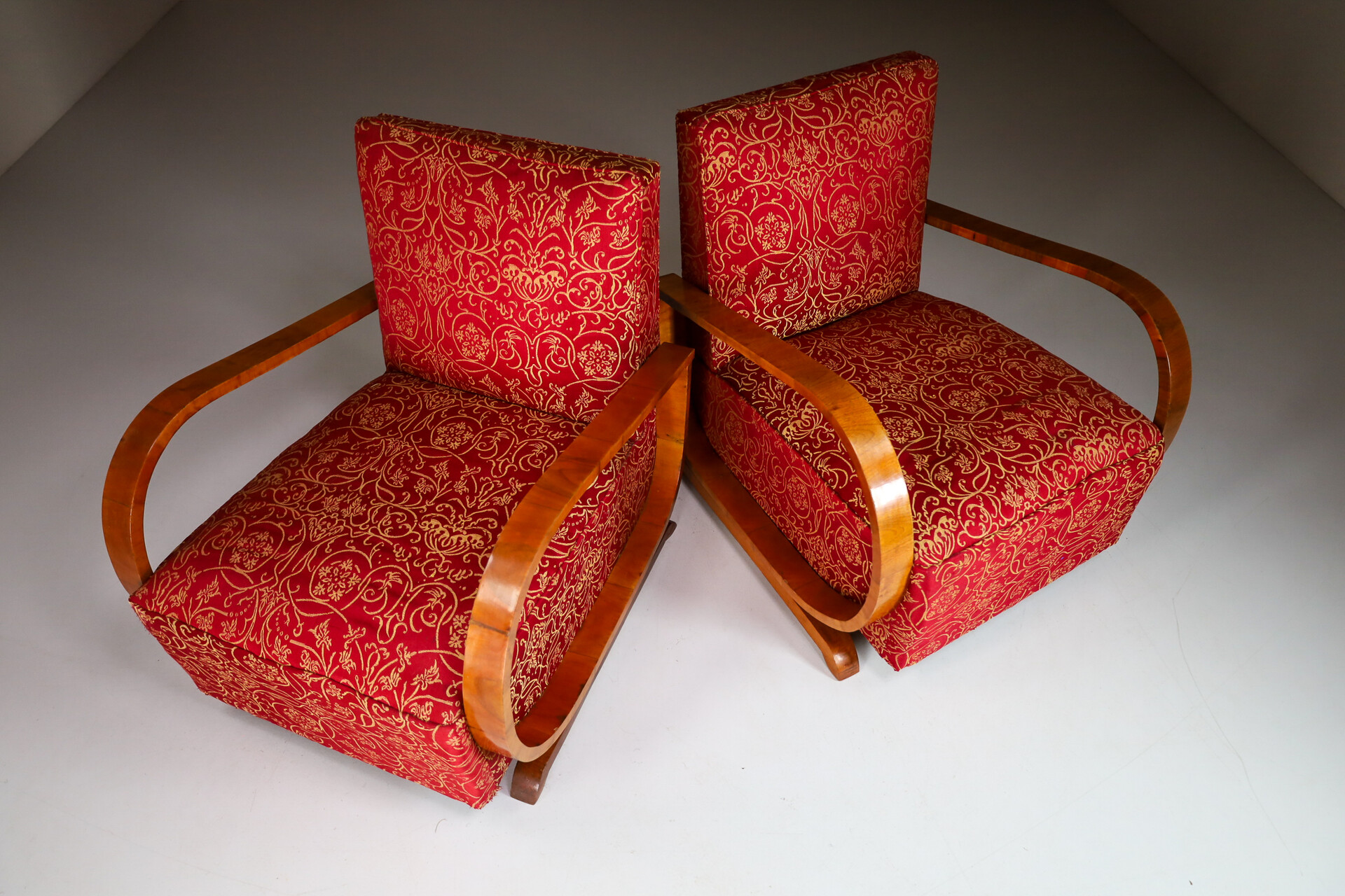 Antique / art deco Walnut armchairs in original fabric , Italiy 1930s Early-20th century