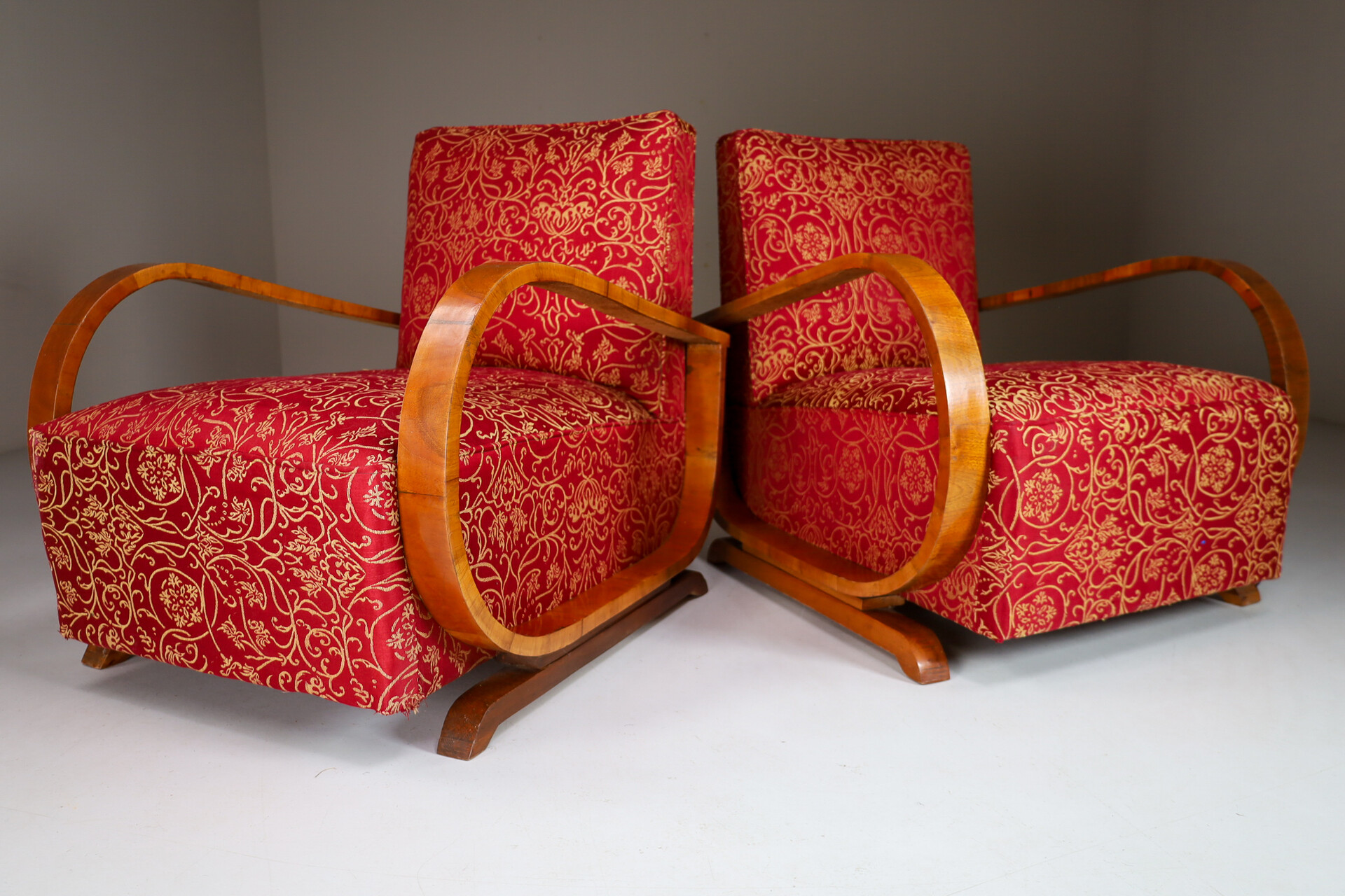 Antique / art deco Walnut armchairs in original fabric , Italiy 1930s Early-20th century