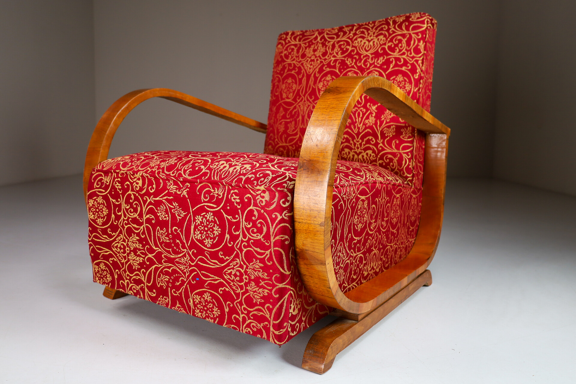 Antique / art deco Walnut armchairs in original fabric , Italiy 1930s Early-20th century