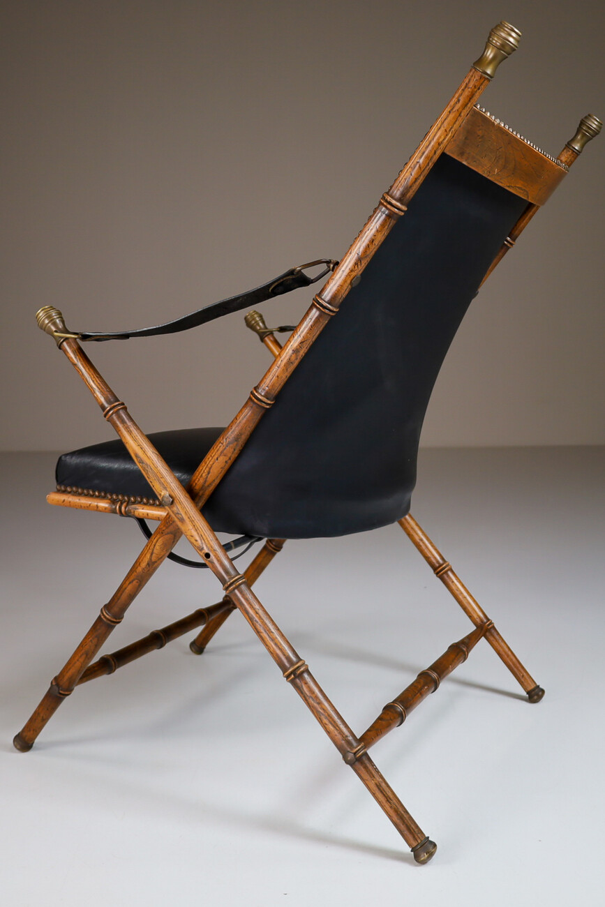 Antique Black Leather bamboo Campaign Folding Chair England
