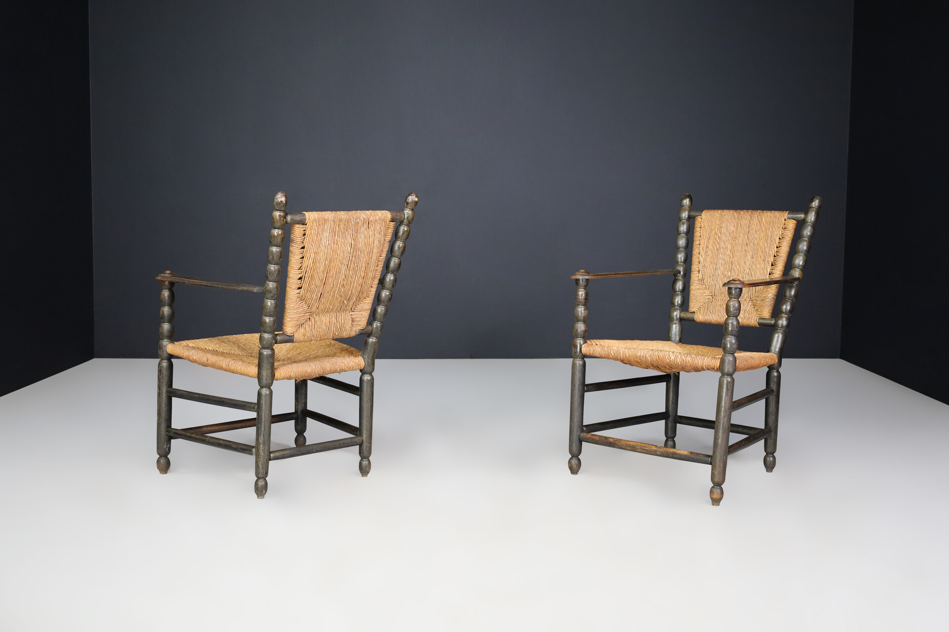Antique Oak and Rush bobbin Armchairs, England 1920s Early-20th century