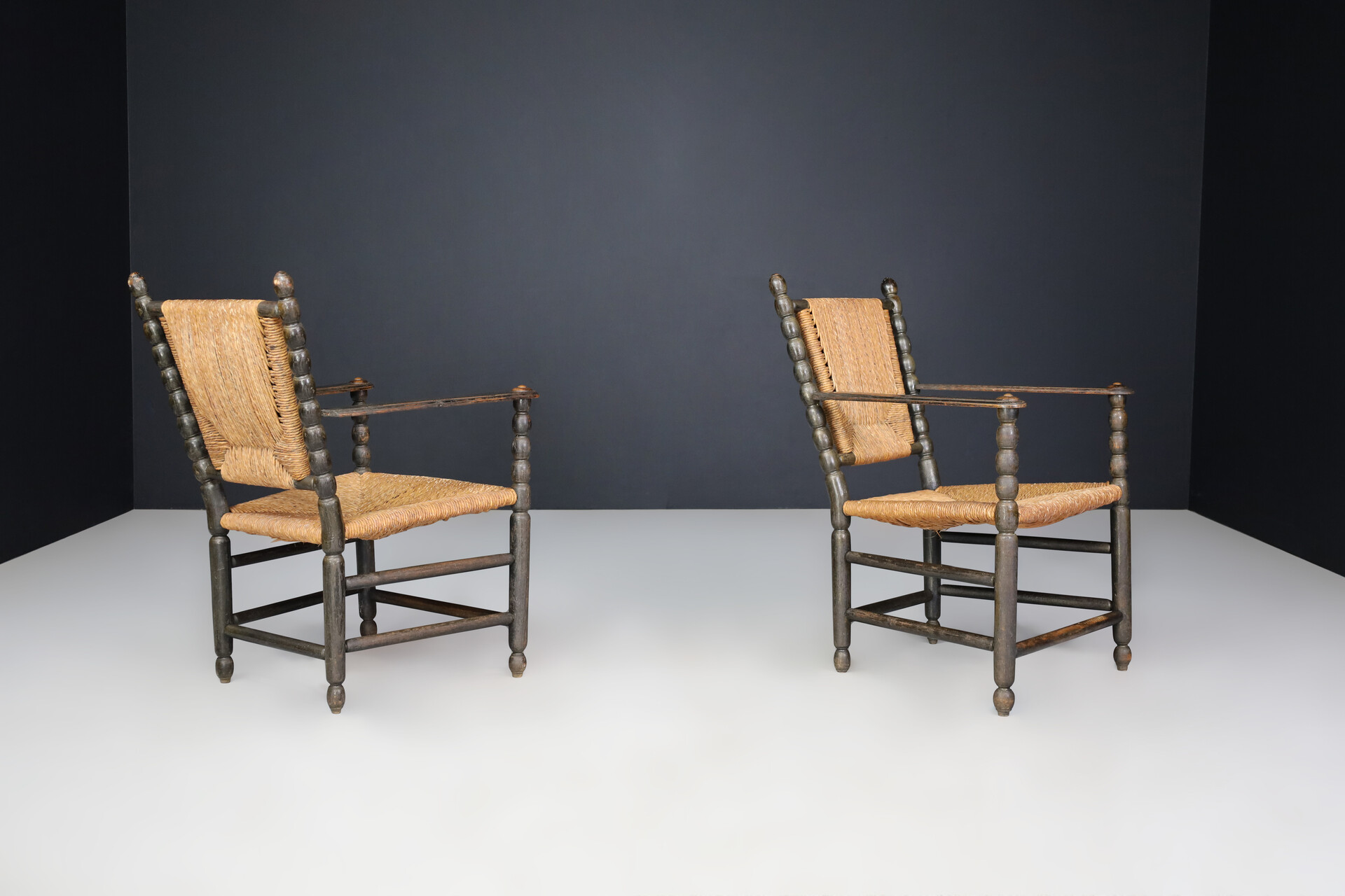 Antique Oak and Rush bobbin Armchairs, England 1920s Early-20th century