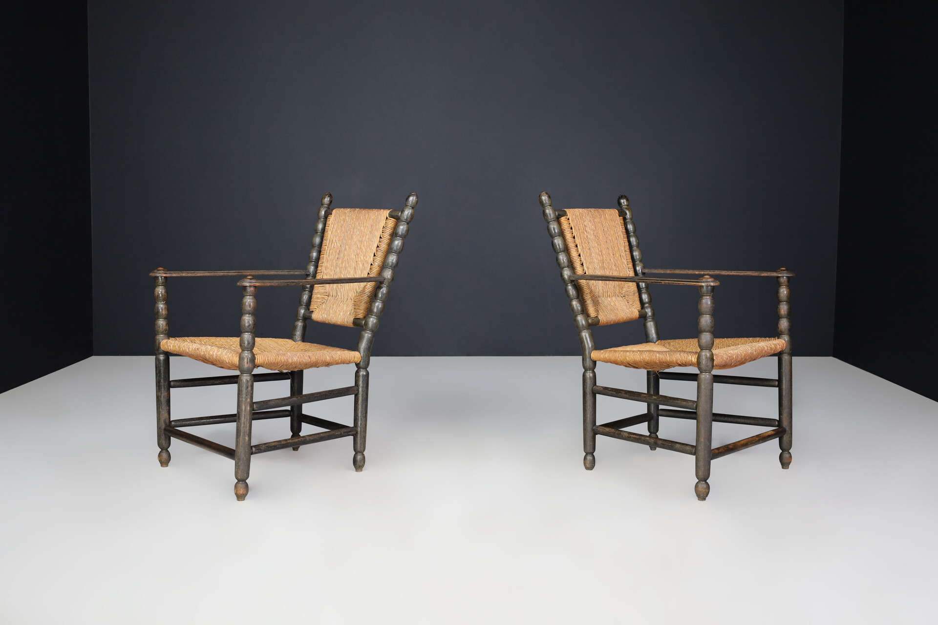 Antique Oak and Rush bobbin Armchairs, England 1920s Early-20th century