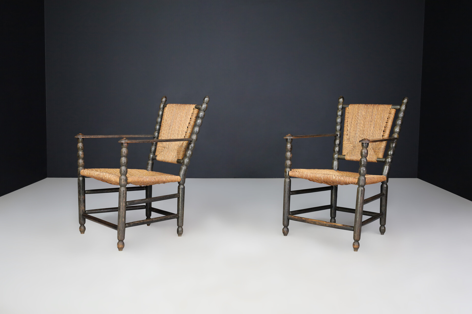 Antique Oak and Rush bobbin Armchairs, England 1920s Early-20th century