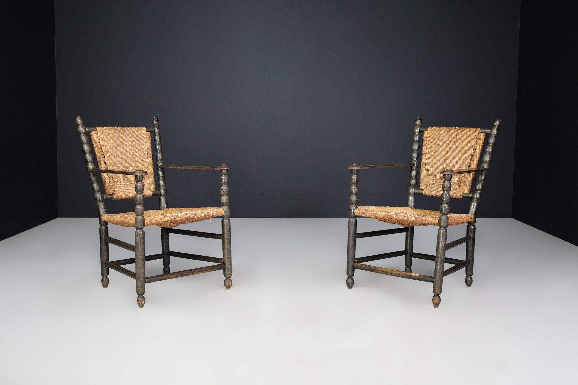 Antique Oak and Rush bobbin Armchairs, England 1920s Early-20th century