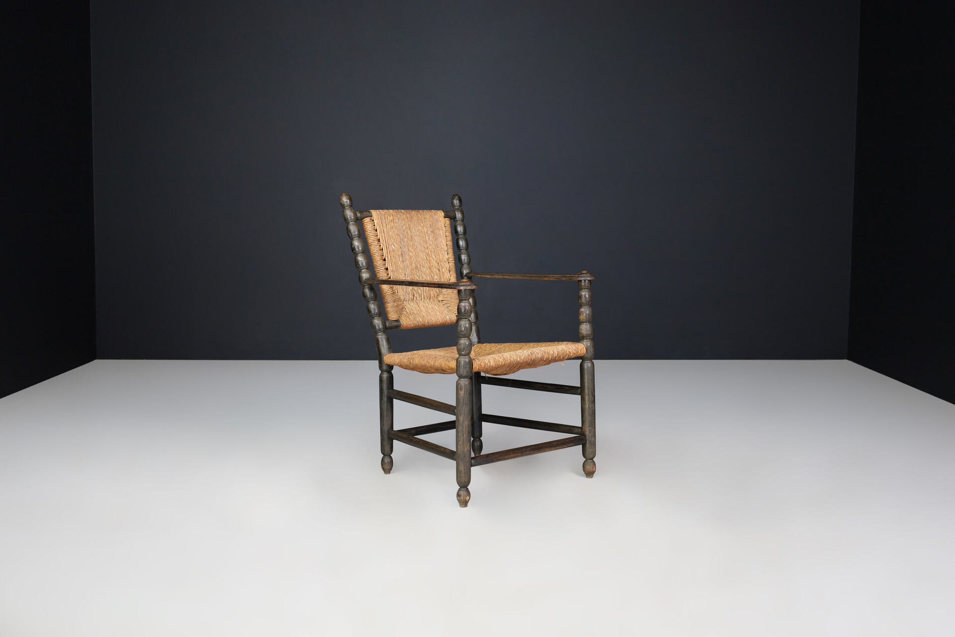 Antique Oak and Rush bobbin Armchairs, England 1920s Early-20th century