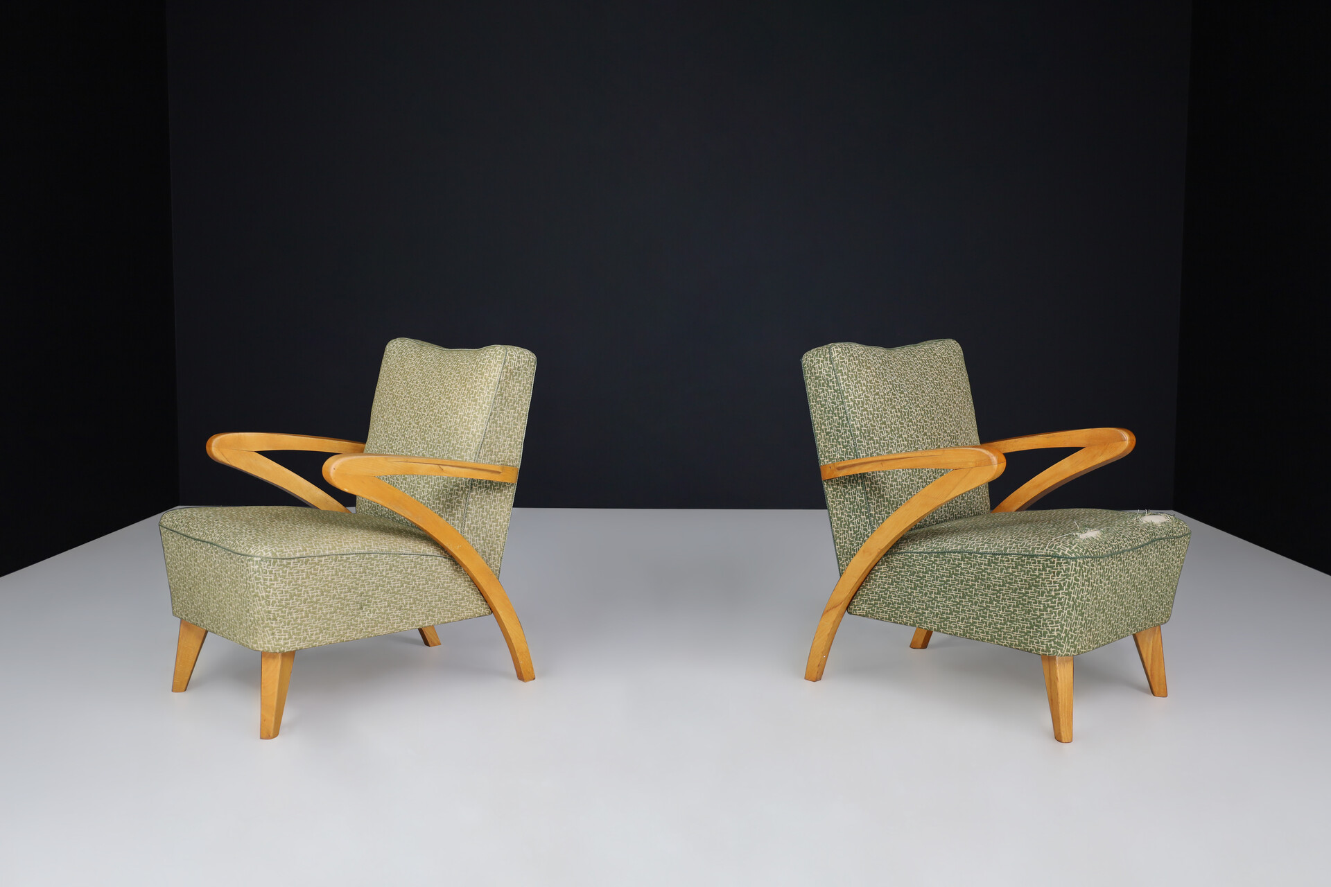 Art deco arm chairs with original upholstery By j Halabala Praque 1930s Mid-20th century