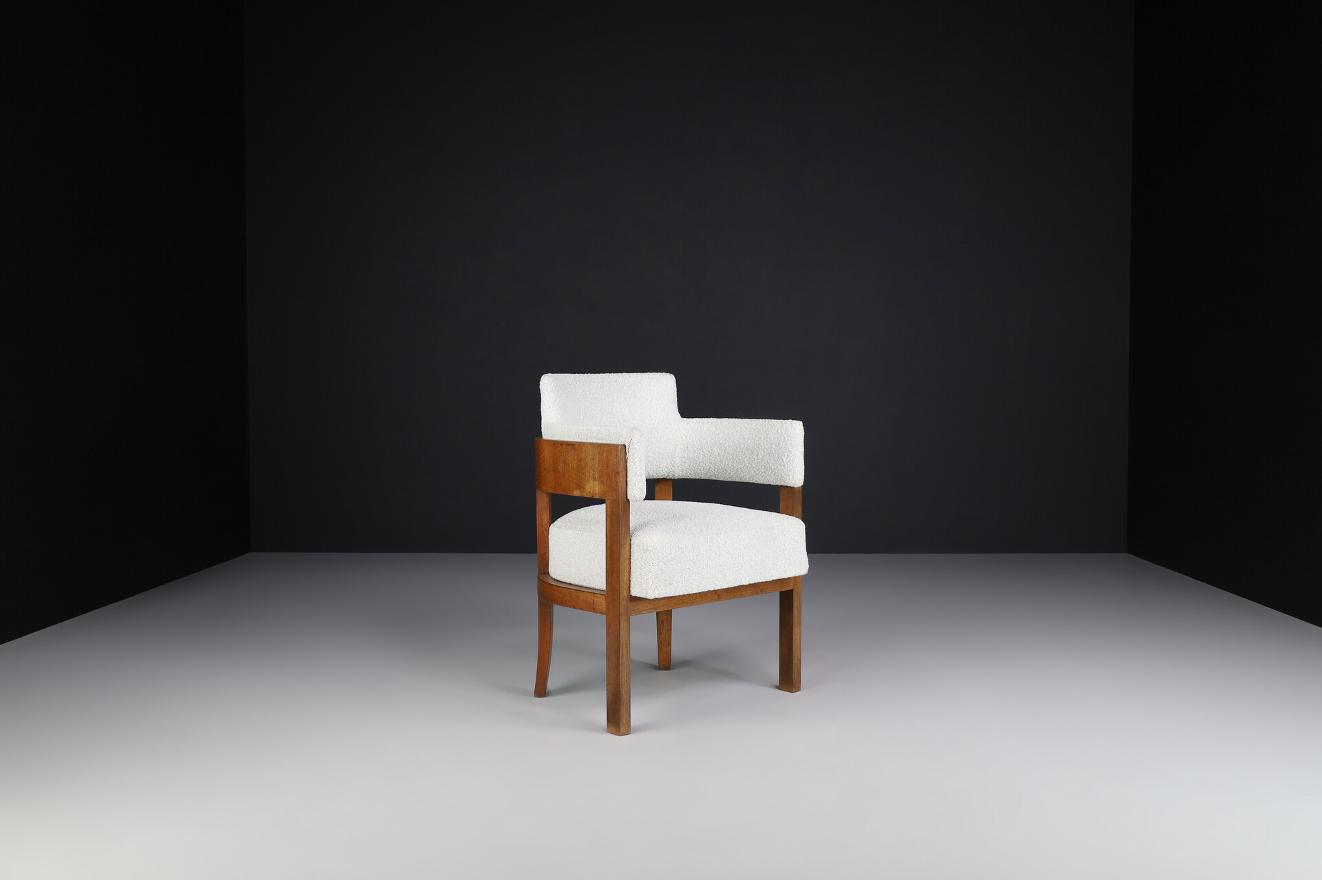 Art Deco Armchair in Bouclé Upholstery, Walnut, Prague, 1930s Mid-20th century