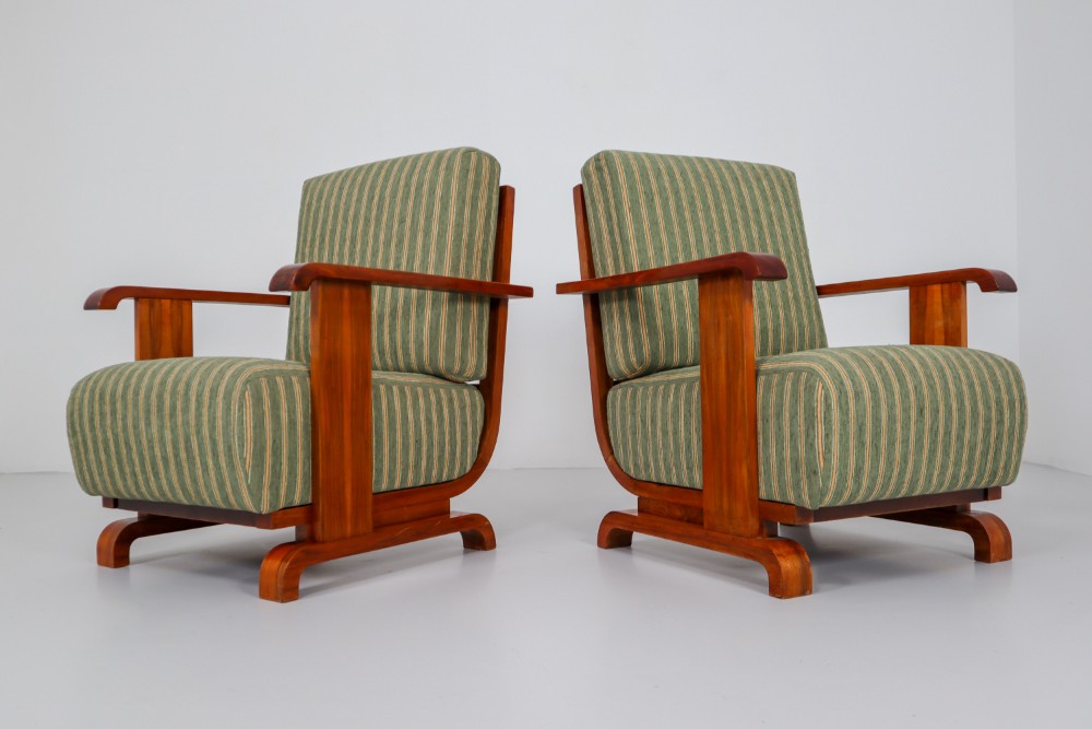 Art Deco Austrian Armchairs from Vienna in Walnut and Olive Green Velvet Blend