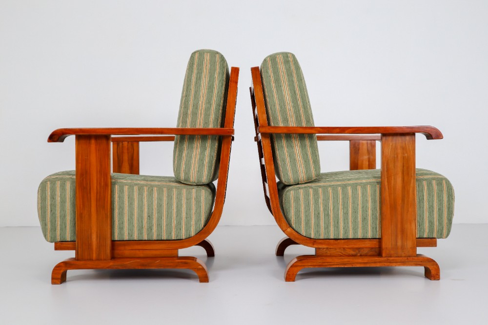 Art Deco Austrian Armchairs from Vienna in Walnut and Olive Green Velvet Blend
