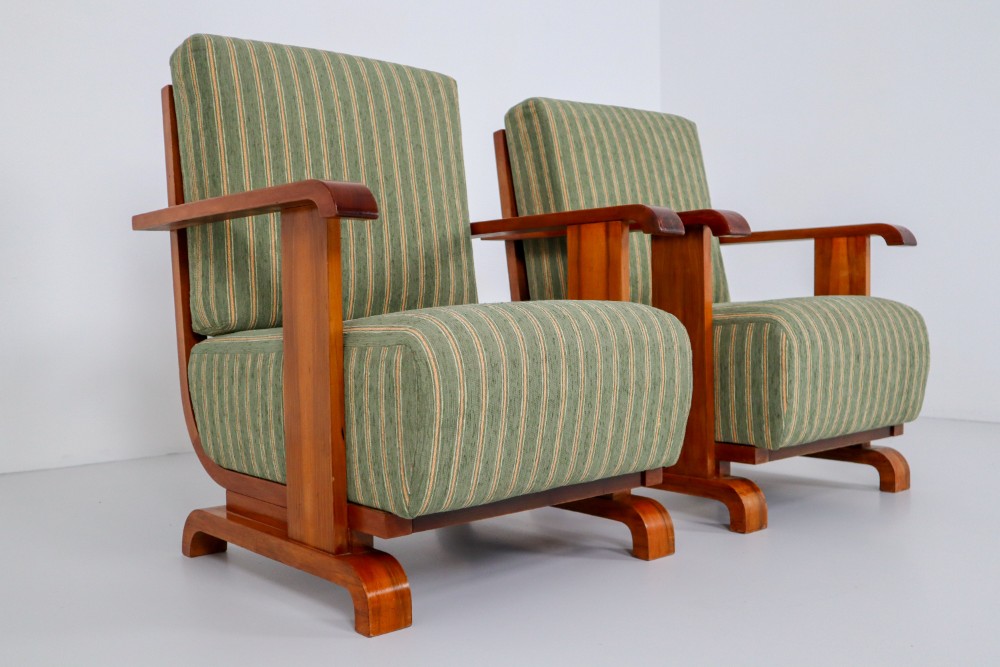 Art Deco Austrian Armchairs from Vienna in Walnut and Olive Green Velvet Blend