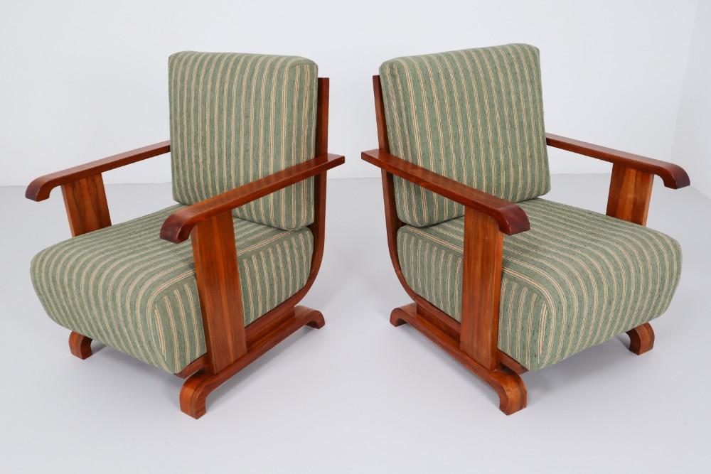 Art Deco Austrian Armchairs from Vienna in Walnut and Olive Green Velvet Blend