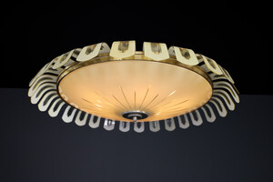 Art deco Brass and green opaline glass chandelier, Germany 1930s Mid-20th century