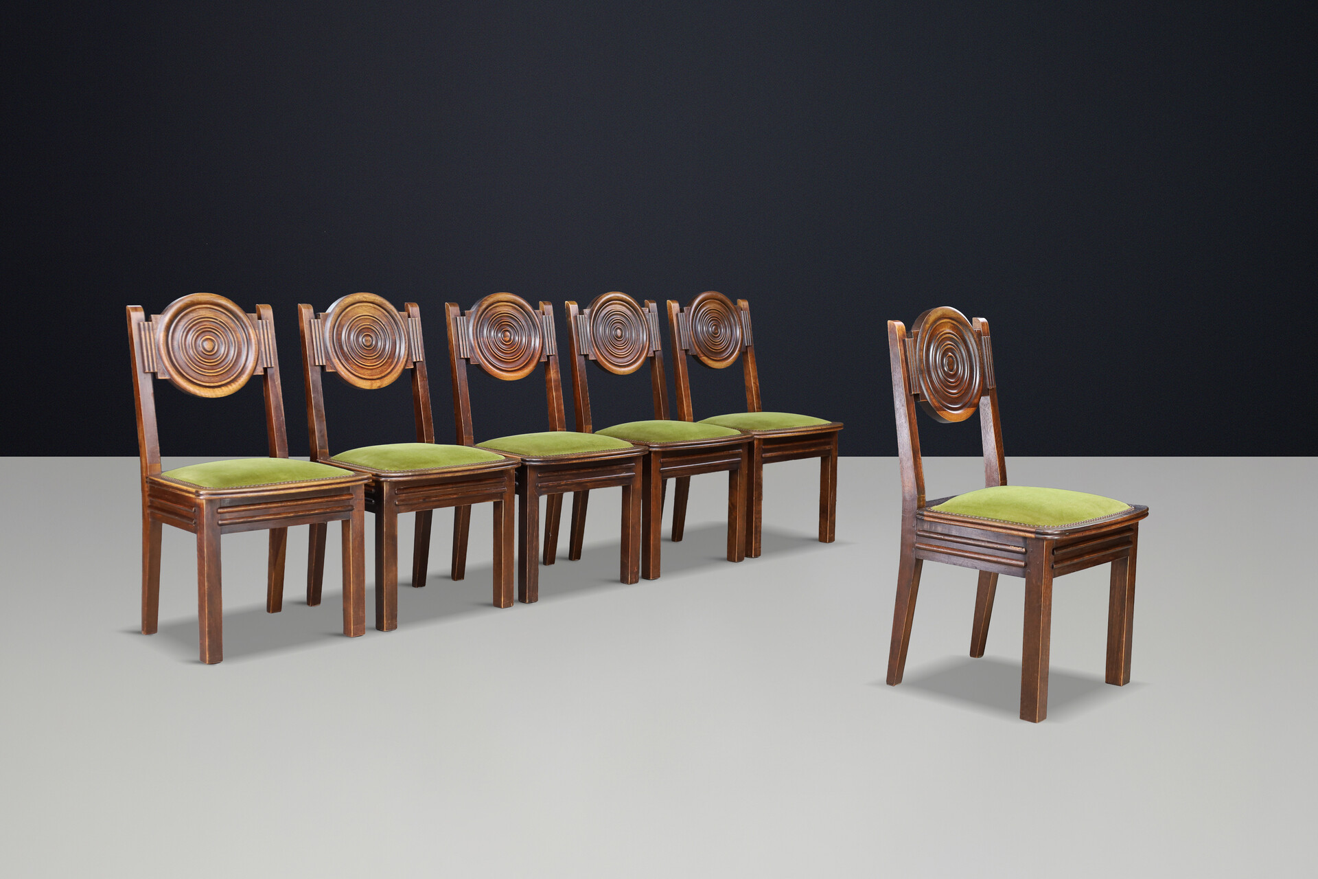Art-Deco Charles Dudouyt Carved Oak Dining Chairs with Original Velvet, France Early-20th century