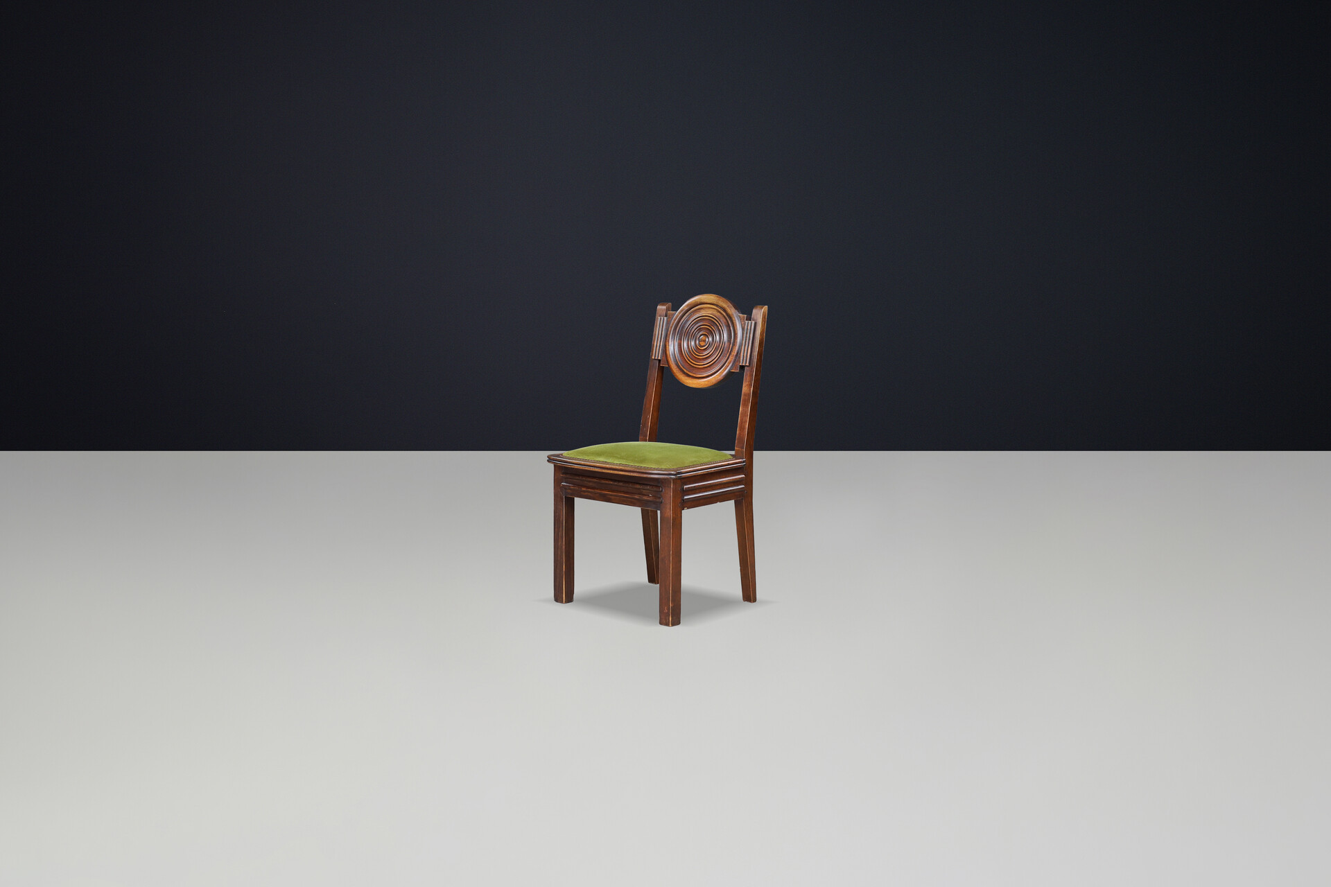 Art-Deco Charles Dudouyt Carved Oak Dining Chairs with Original Velvet, France Early-20th century