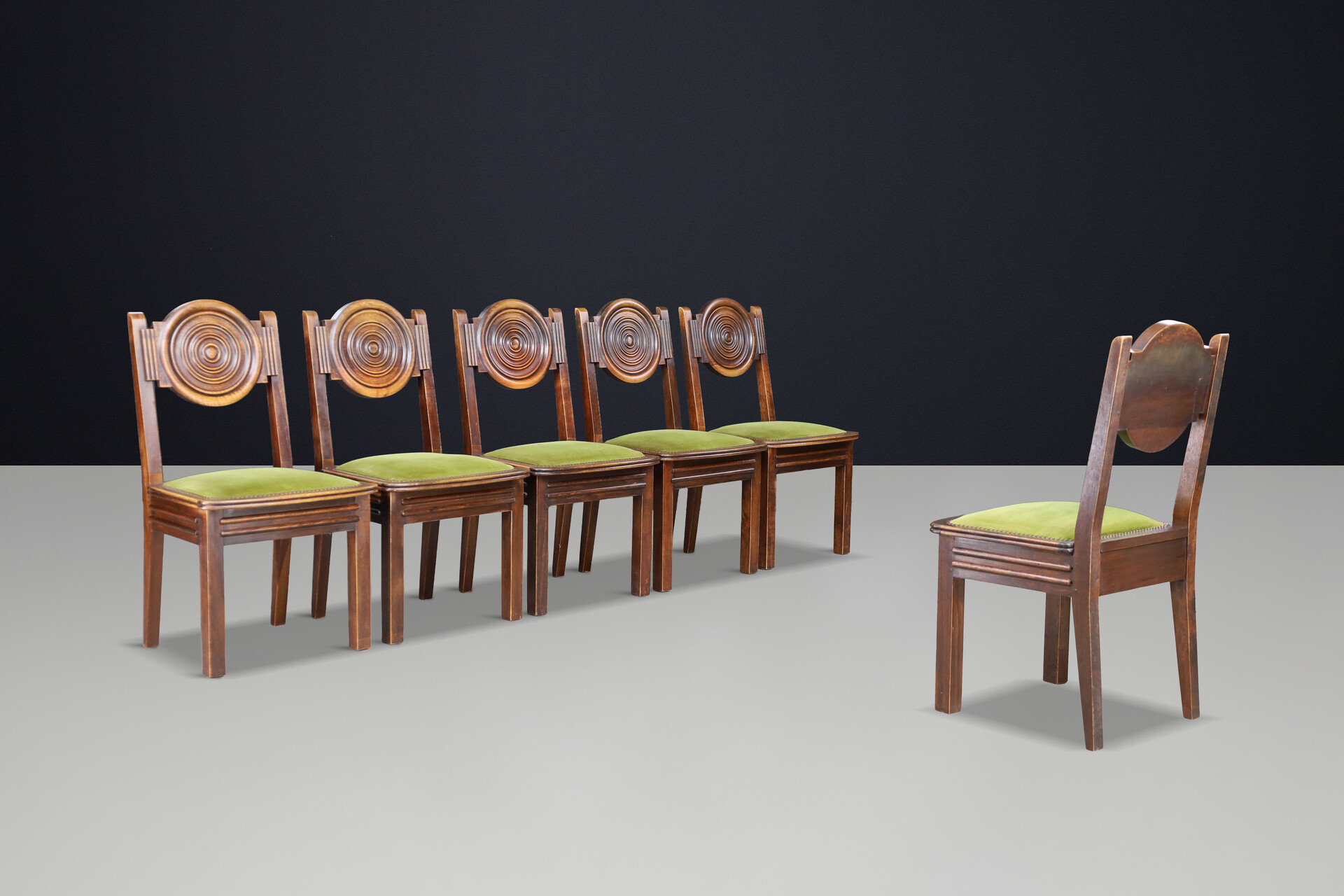 Art-Deco Charles Dudouyt Carved Oak Dining Chairs with Original Velvet, France Early-20th century