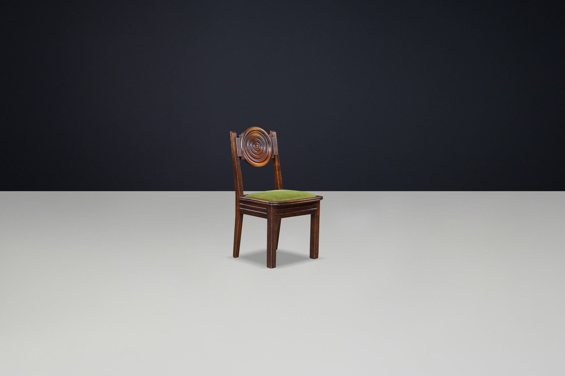 Art-Deco Charles Dudouyt Carved Oak Dining Chairs with Original Velvet, France Early-20th century