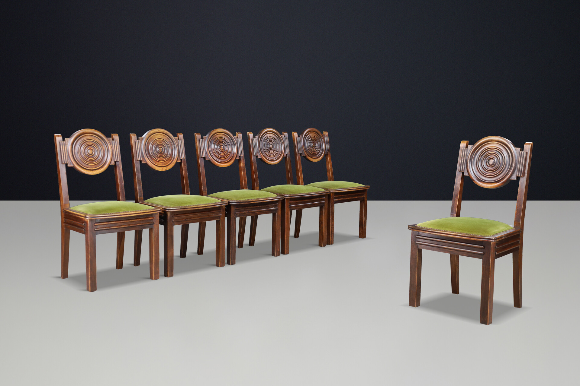 Art-Deco Charles Dudouyt Carved Oak Dining Chairs with Original Velvet, France Early-20th century