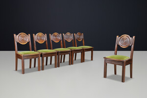 Art-Deco Charles Dudouyt Carved Oak Dining Chairs with Original Velvet, France Early-20th century
