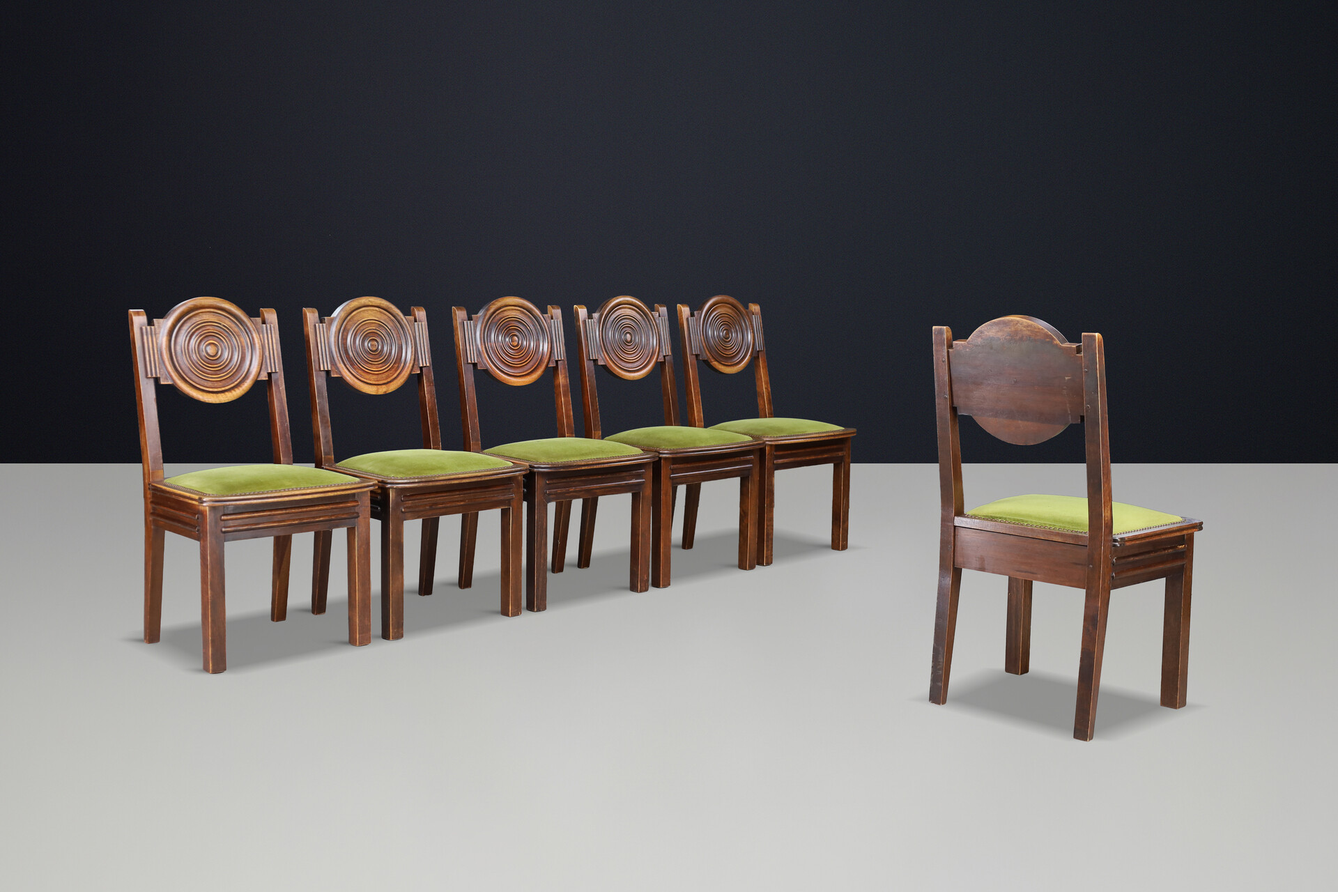 Art-Deco Charles Dudouyt Carved Oak Dining Chairs with Original Velvet, France Early-20th century