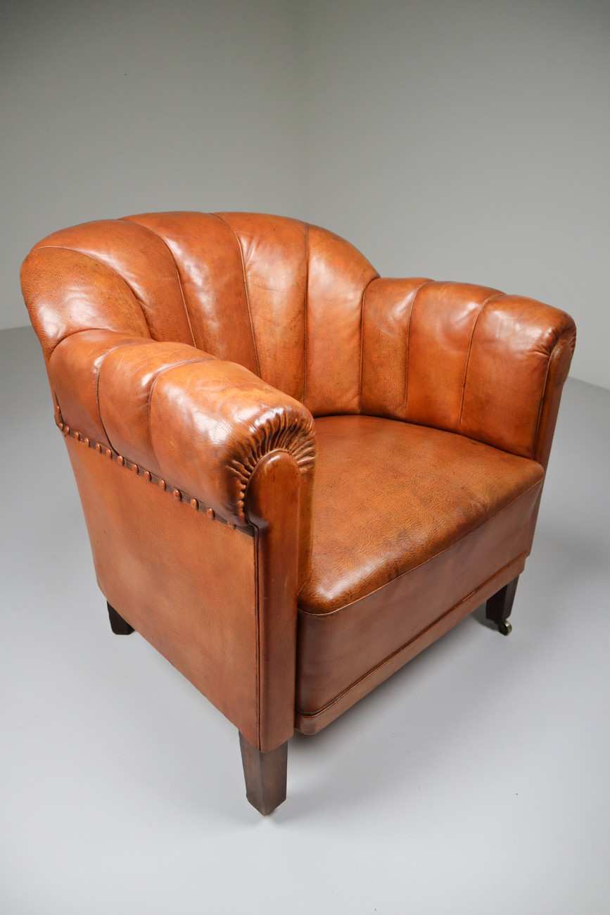 Art-Deco Club Chair in Patinated Cognac Leather, Praque 1930s Early-20th century