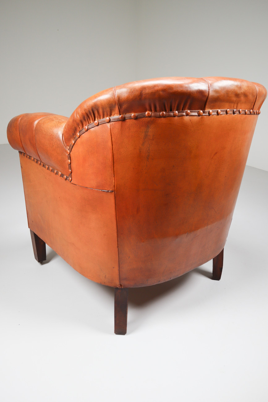 Art-Deco Club Chair in Patinated Cognac Leather, Praque 1930s Early-20th century
