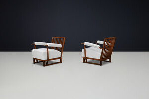 Art Deco Lounge Chairs in Oak & Reupholstered Bouclé Fabric – France, 1940s Mid-20th century