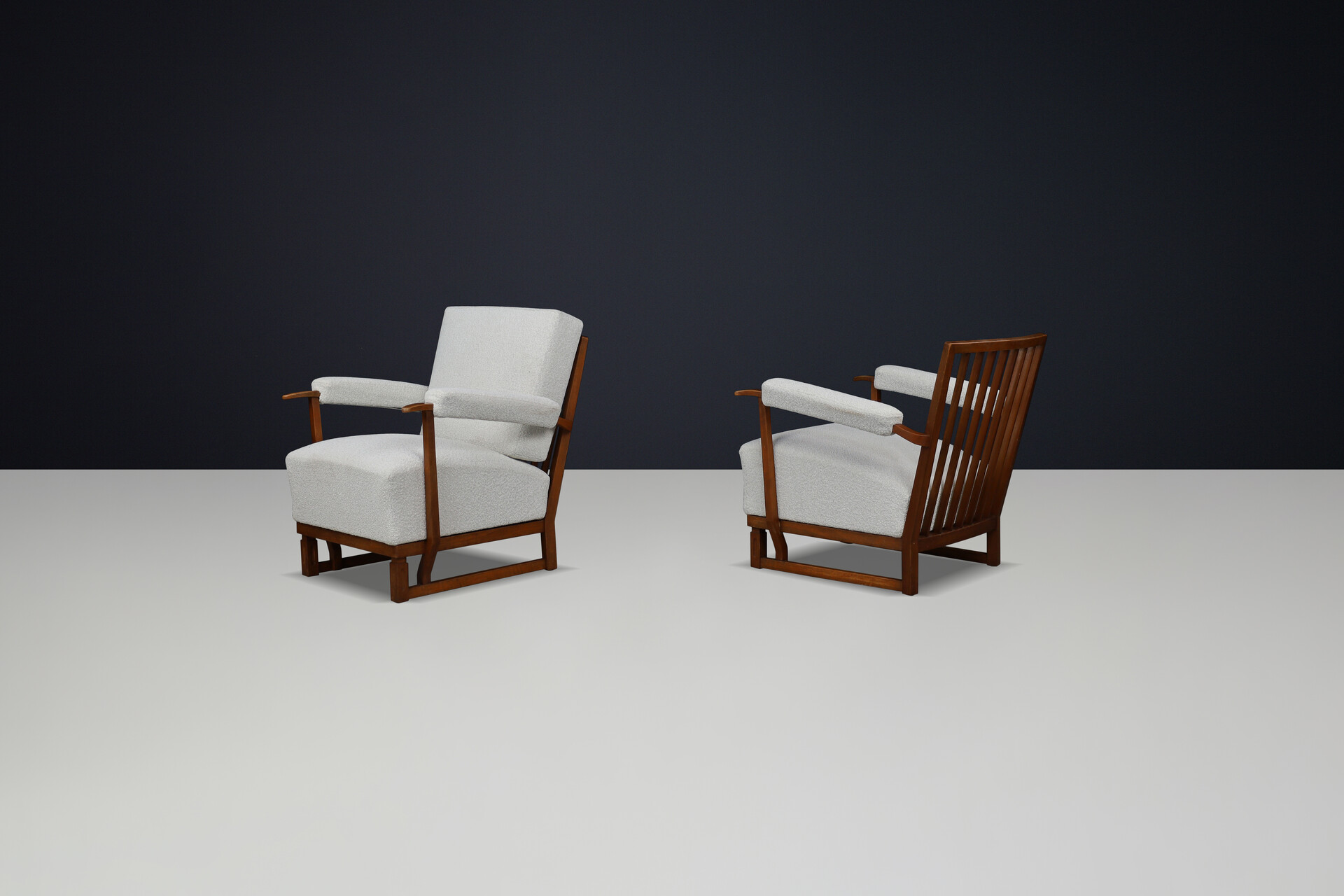 Art Deco Lounge Chairs in Oak & Reupholstered Bouclé Fabric – France, 1940s Mid-20th century