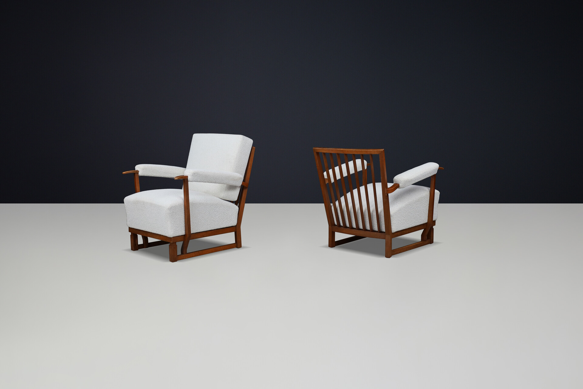 Art Deco Lounge Chairs in Oak & Reupholstered Bouclé Fabric – France, 1940s Mid-20th century