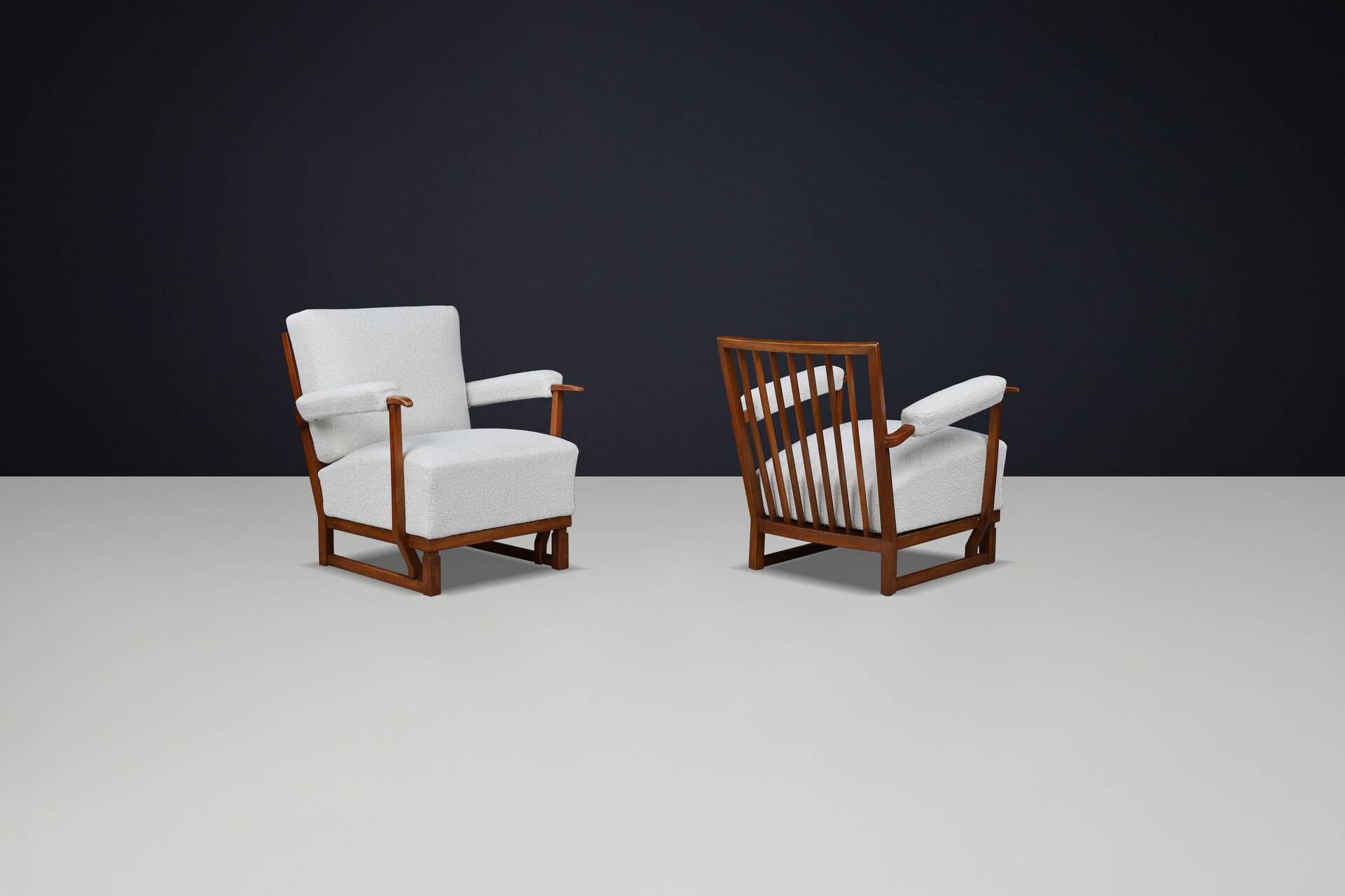 Art Deco Lounge Chairs in Oak & Reupholstered Bouclé Fabric – France, 1940s Mid-20th century