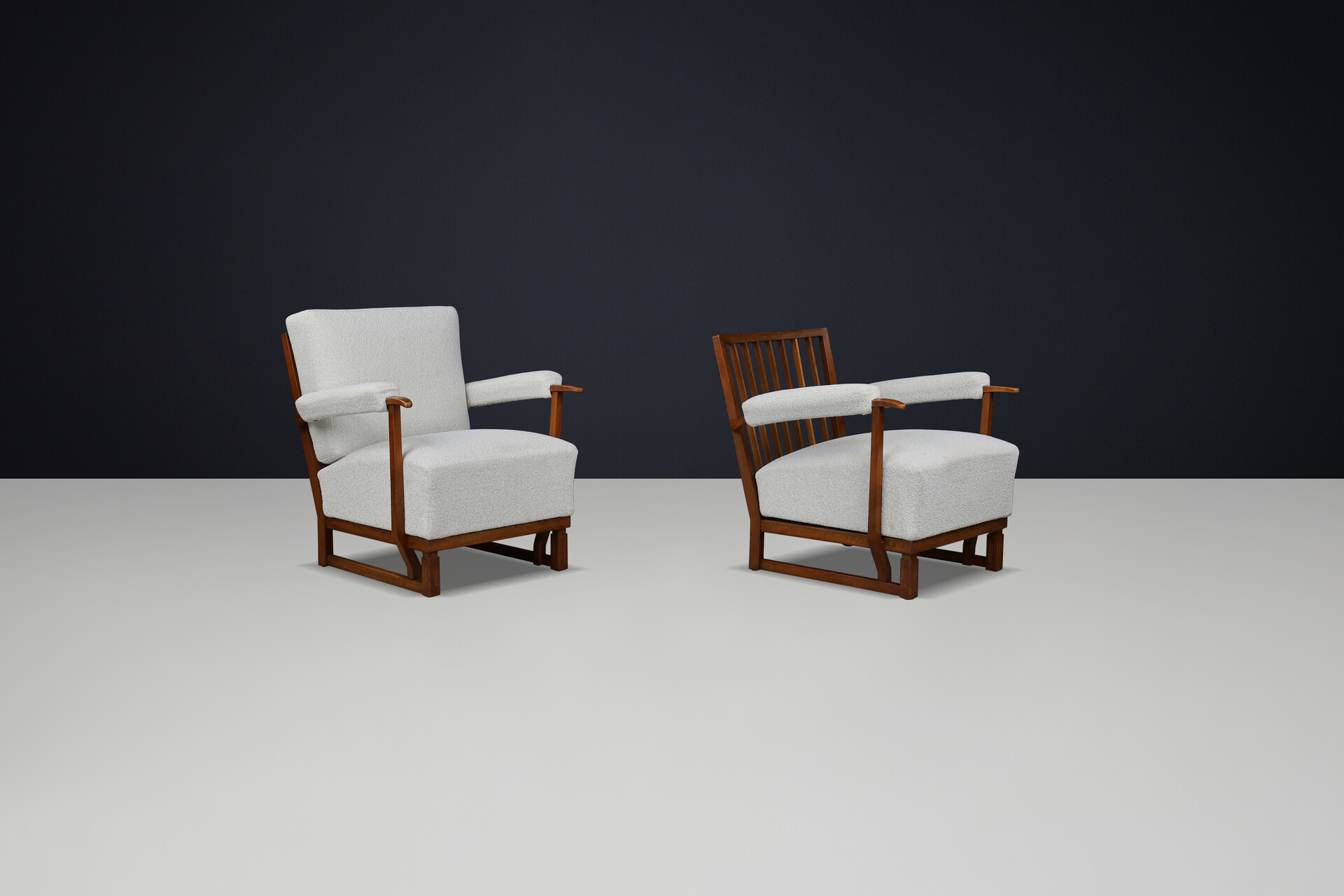 Art Deco Lounge Chairs in Oak & Reupholstered Bouclé Fabric – France, 1940s Mid-20th century