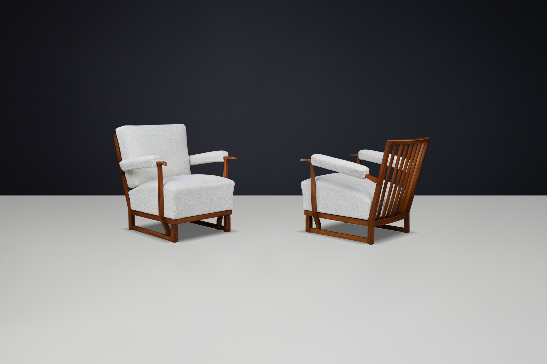 Art Deco Lounge Chairs in Oak & Reupholstered Bouclé Fabric – France, 1940s Mid-20th century
